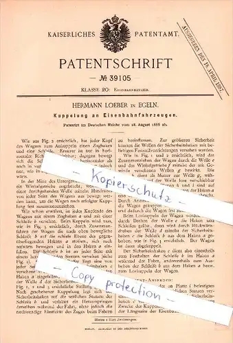 Original Patent  - Hermann Loeber in Egeln , 1886 , Kupplung für Eisenbahn !!!