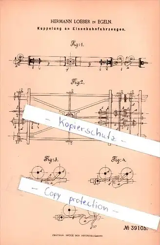 Original Patent  - Hermann Loeber in Egeln , 1886 , Kupplung für Eisenbahn !!!