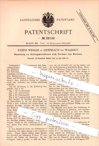 Original Patent  - J. Winkler in Kiesenbach bei Waldhut , 1886 , Schlagmaschinen zum Formen von Steinen !!!