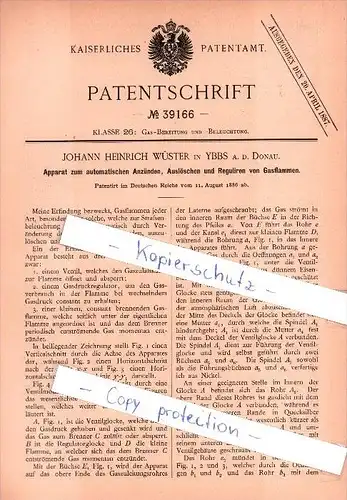 Original Patent  - J. H. Wüster in Ybbs a. d. Donau , 1886 , Apparat zum Anzünden von Gasflammen !!!