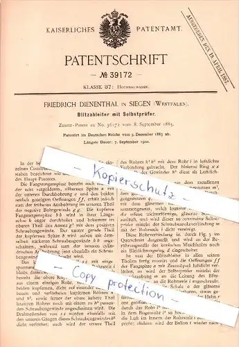 Original Patent  - Friedrich Dienenthal in Siegen , Westfalen , 1885 , Blitzableiter mit Selbstprüfer , Bau , Elektriker