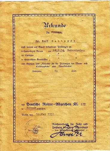 Urkunde - Dr. Karl Gebhardt , Hohenlychen , Deutsches Reiterabzeichen 16.05.1936 , SS !!!