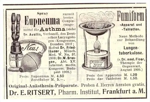 original Werbung - 1911 - Tuberkulose und Asthma Apparat , Dr. Ritsert in Frankfurt  Arzt , Kur , Krankenhaus , Apotheke
