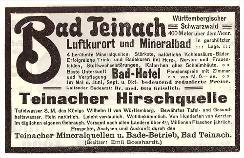original Werbung - 1911 - Bad Teinach , Mineralbad , Arzt , Kur , Krankenhaus , Apotheke !!!