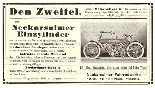 original Werbung - 1906 - NSU , Motorrad , Neckarsulm , moto , Motorräder !!!