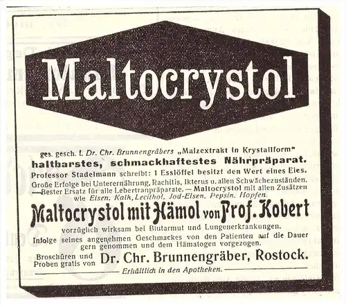 original Werbung - 1906 - Dr. Brunnengräber in Rostock , Nährpräparat , Arzt , Kur , Krankenhaus , Apotheke !!!
