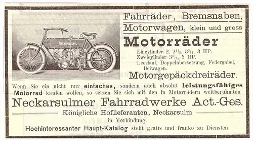 original Werbung - 1906 - NSU , Motorrad , Neckarsulm , moto , Motorräder !!!