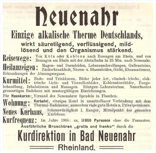 original Werbung - 1906 - Bad Neuenahr , alkalische Therme , Arzt , Kur , Krankenhaus , Apotheke !!!
