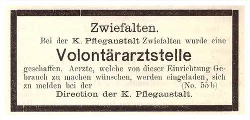 original Werbung - 1891 - Kgl. Heilanstalt Zwiefalten , Kur , Arzt , Krankenhaus !!