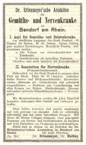 original Werbung - 1891 - Bendorf am Rhein , Asyl für Geisteskranke , Dr. Halbey Arzt , Kur , Krankenhaus , Apotheke !!!