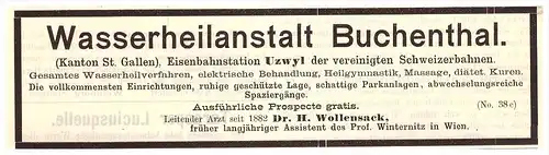 original Werbung - 1891 - Wasserheilanstalt Bad Buchenthal b. Uzwil , Kur , Arzt , Krankenhaus !!!