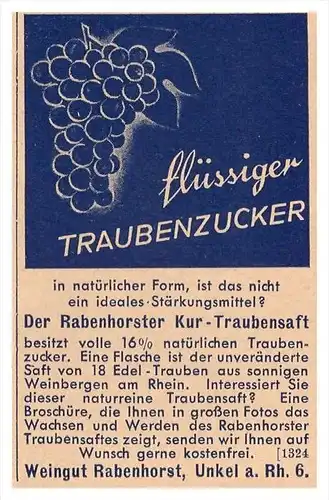 original Werbung - 1935 - Rabenhorst Traubenzucker , Unkel am Rhein ,  Arzt , Kur , Krankenhaus , Apotheke !!