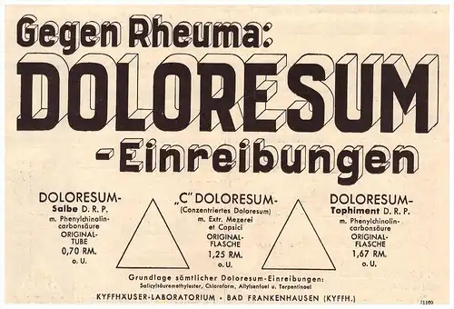 original Werbung - 1935 - Rheumamittel, Bad Frankenhausen , Kyffhäuser - Labor ,  Arzt , Kur , Krankenhaus , Apotheke !!