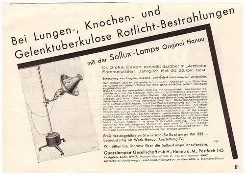 original Werbung - 1935 - Tuberkulose - Bestrahlung , Sollux - Lampe in Hanau , Arzt , Kur , Krankenhaus , Apotheke !!