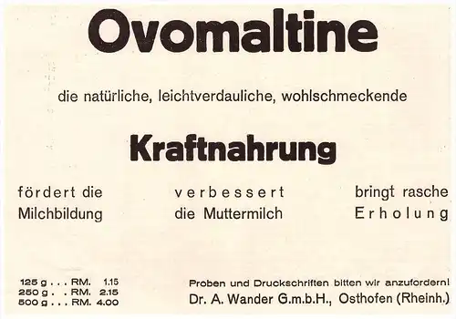 original Werbung - 1935 - Dr. A. Wander in Osthofen i. Rheinland , Kraftnahrung , Arzt , Kur , Krankenhaus , Apotheke !!