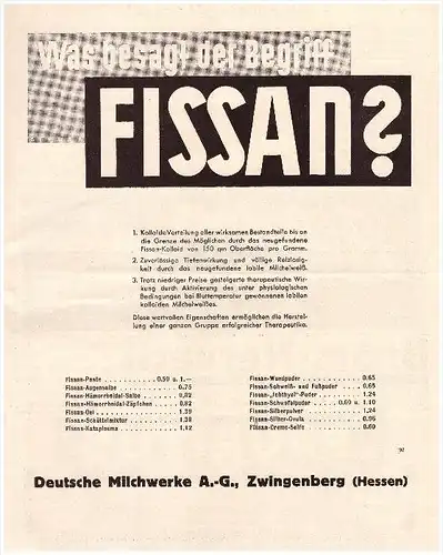 original Werbung - 1935 , Zwingenberg i. Hessen , FISSAN , Arzt , Kur , Krankenhaus , Apotheke !!!