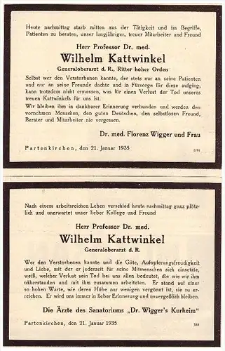 original Todesanzeigen - 1935 ,Prof. W. Kattwinkel in Garmisch Partenkirchen , Dr. Wigger , Arzt , Kur , Krankenhaus !!!