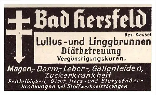 original Werbung - 1935 , Bad Hersfeld , Lullus- und Linggbrunnen , Arzt , Kur , Krankenhaus , Apotheke !!!