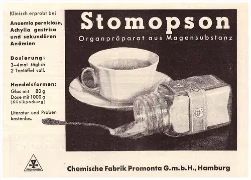 original Werbung - 1935 , Organpräparat Stomopson , Promonta Fabrik Hamburg , Arzt , Kur , Krankenhaus , Apotheke !!!