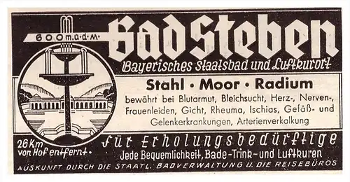 original Werbung - 1935 , Bad Steben , Staatsbad , Arzt , Kur , Krankenhaus , Apotheke !!!