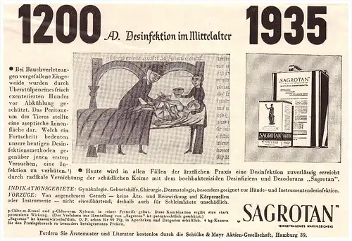 original Werbung - 1935 , SAGROTAN - Desinfection , Schülke & Mayr in Hamburg  , Arzt , Kur , Krankenhaus , Apotheke !!!