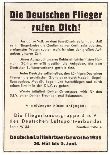 original Werbung - 1935 , Luftwaffe , Fliegerlandesguppe 4 , Deutsche Flieger rufen Dich !!!
