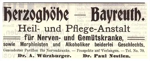 original Werbung - 1907 , Herzoghöhe - Bayreuth , Heilanstalt , Dr. P. Nestlen , Kur , Arzt , Krankenhaus !