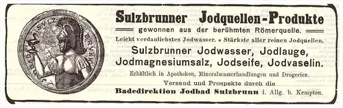 original Werbung - 1907 , Jodbad Sulzbrunn a. Allgäu , Kempten  , Pension , Kur , Arzt , Krankenhaus !!