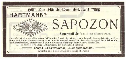 original Werbung - 1907 , Heidenheim - Sapozon , Paul Hartmann , Kur , Arzt , Krankenhaus !!