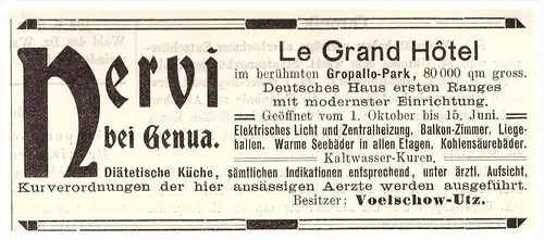 original Werbung - 1907 , Nervi b. Genua , Groppallo Park , Kur , Arzt , Krankenhaus !!