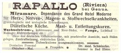 original Werbung - 1907 , Rapallo b. Genua , Kur , Arzt , Krankenhaus !!