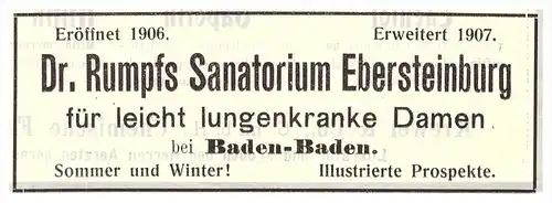 original Werbung - 1907 , Dr. Rumpf Sanatorium Ebersteinburg , Baden-Baden Kur , Arzt , Krankenhaus !!
