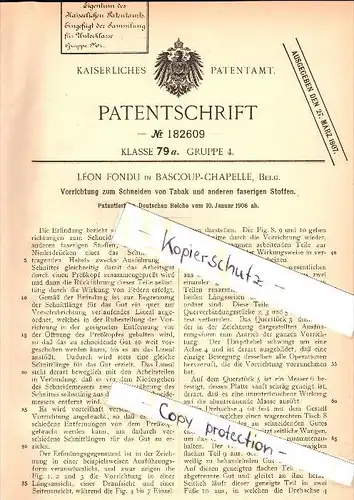 Original Patent - Léon Fondu in Bascoup Chapelle , 1906 , Apparat zum Schneiden von Tabak , Chapelle-lez-Herlaimont  !!!