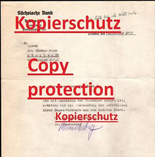Brief an Schriftsteller Dr. Thomas Mann , 1927 , Sächsische Bank , Depot Verkäufe !!!