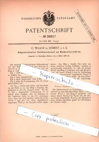 Original Patent - C. Waage in Dömitz a. d. E. , 1886 , Uhren , Uhrmacher , Uhr !!!