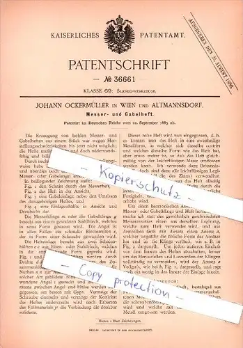 Original Patent - Johann Ockermüller in Wien und Altmannsdorf , 1885 , Schneidewerkzeuge !!!