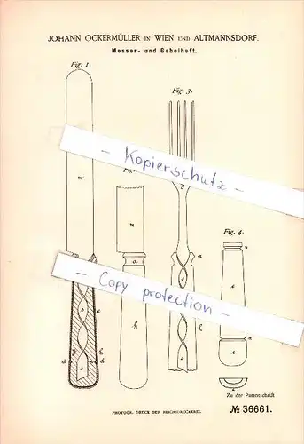 Original Patent - Johann Ockermüller in Wien und Altmannsdorf , 1885 , Schneidewerkzeuge !!!