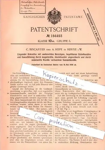 Original Patent - C. Biscanter und A. Hepe in Herne i. W. , 1906 , Koksofen mit senkrechten Heizzügen !!!