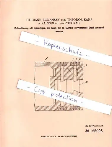 Original Patent - Hermann Romansky und Theodor Kamp in Kainsdorf bei Zwickau , 1900 , Maschinen!!!