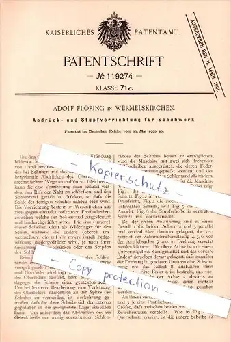 Original Patent - Adolf Flöring in Wermelskirchen , 1900 , Abdrück- und Stupfvorrichtung für Schuhwerk !!!