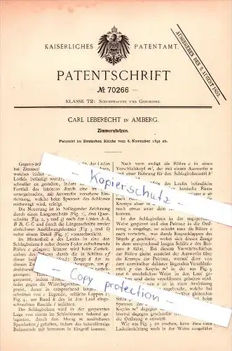 Original Patent - Carl Leberecht in Amberg , 1892 , Zimmerstutzen , Schusswaffen , Geschosse !!!