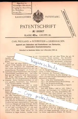 Original Patent - Carl Weyland in Koverstein b. Lieberhausen , 1904 , Fahrkarten - Kontrollapparat , Gummersbach !!!