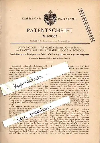 Original Patent - J. Hodge in Glencairn , Exeter , 1899 , Cleaning of smoking pipes , cigarettes  !!!