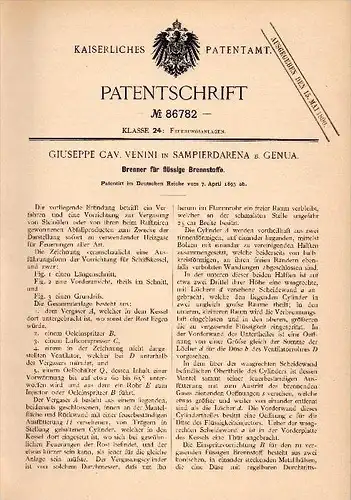 Original Patent - G. Cav. Venini in Sampierdarena b. Genua , 1895 , Bruciatore per combustibili liquidi !!!