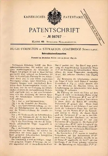 Original Patent -  Hugh Symington in Stewarton , Coatbridge , 1895 , Pipe seam welding machine , Scotland !!!