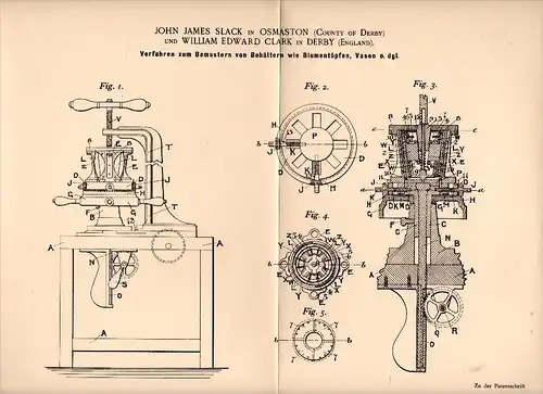 Original Patent - J.J. Slack in Osmaston and W. Clark in Derby , 1895 , Patterning of vases and flower pots !!!