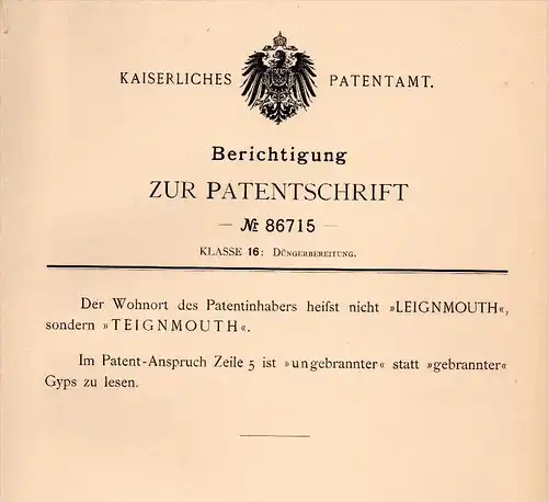 Original Patent - Ch. H. Thompson in Eastcliff , Teignmouth , 1894 , Production of plant fertilizer !!