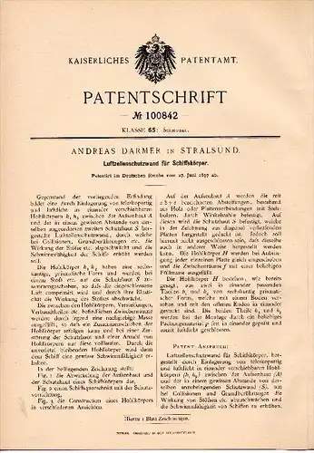 Original Patent - Andreas Darmer in Stralsund i. Mecklenburg ,1897, Luftzellenschutzwand für Schiffe , Schiffbau , Werft