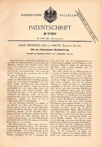 Original Patent -  Hans Heinrich Frei in Hirzel b. Zürich , 1892 , Ofen zur Metallgewinnung , Metall !!!