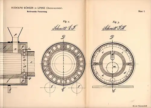 Original Patent - R. Köhler in Lipine / Lipiny , Oberschlesien , 1891 , Feuerung , Schwientochlowitz / &#346;wi&#281;toc